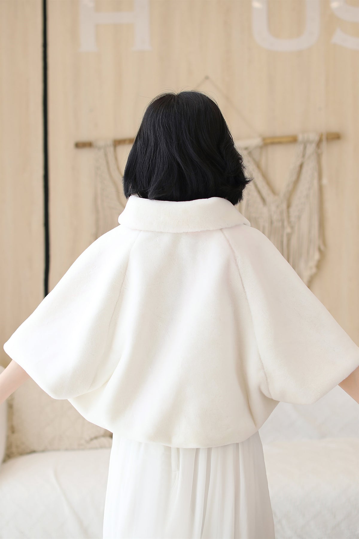 Elegant White Korean-Style Mink Cashmere Outerwear Winter Wedding Warmth Coat