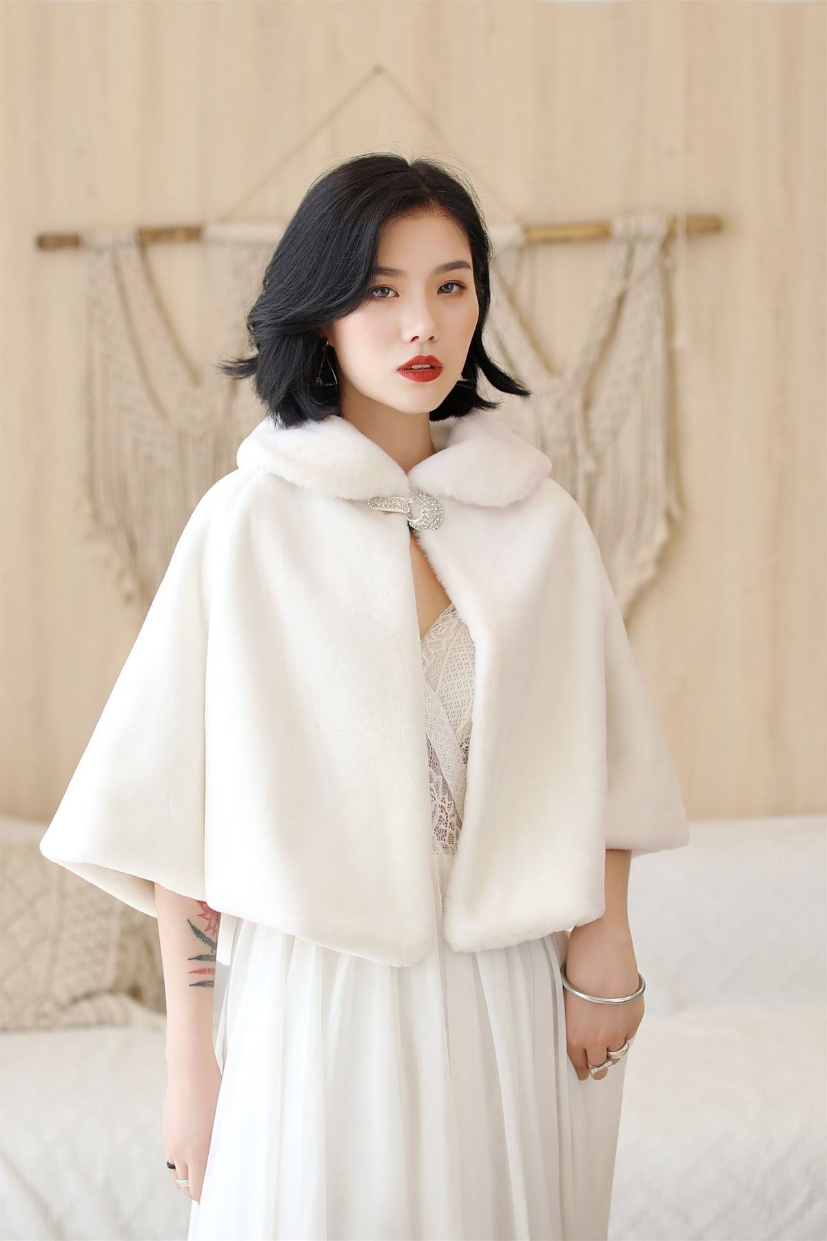 Elegant White Korean-Style Mink Cashmere Outerwear Winter Wedding Warmth Coat