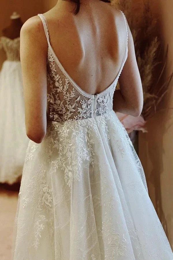 Elegant White Long A-line V-neck Tulle Backless Lace Wedding Dresses (ZD16710)