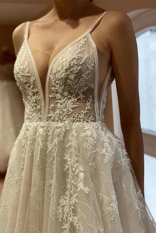 Elegant White Long A-line V-neck Tulle Backless Lace Wedding Dresses (ZD16710) - View 3 | VelvetHem