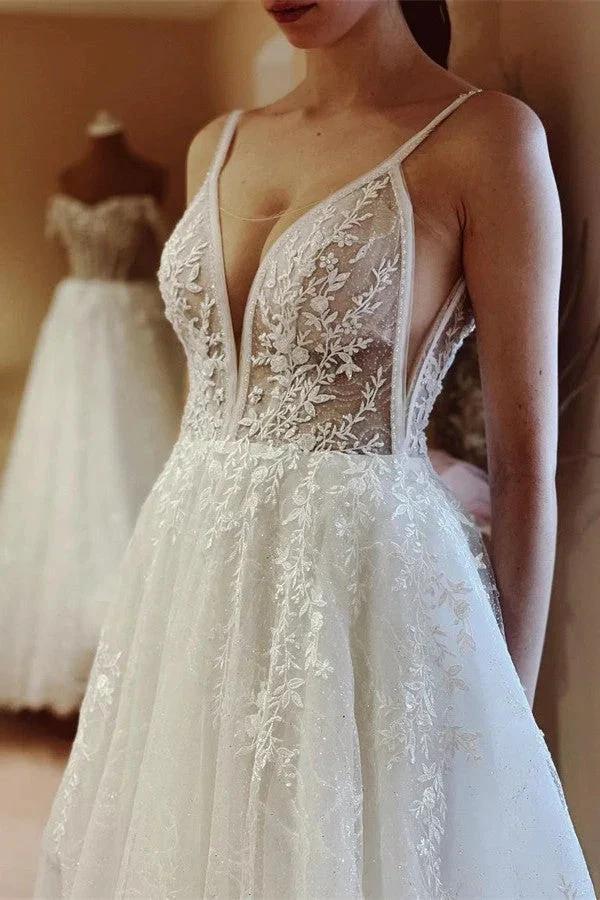 Elegant White Long A-line V-neck Tulle Backless Lace Wedding Dresses (ZD16710)