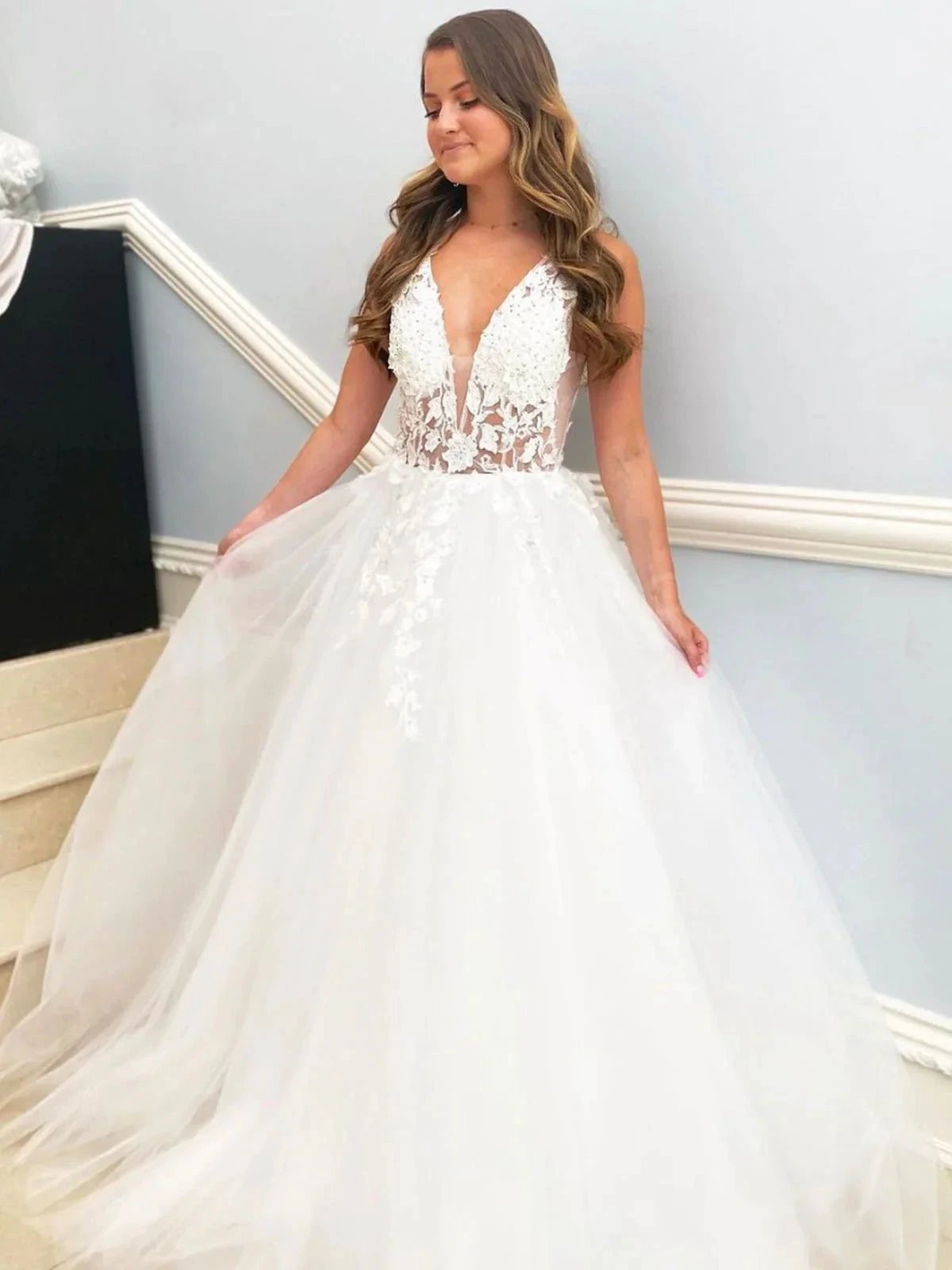 Elegant White Long A-line V Neck Tulle Lace Floral Wedding Dresses (ZD16750)
