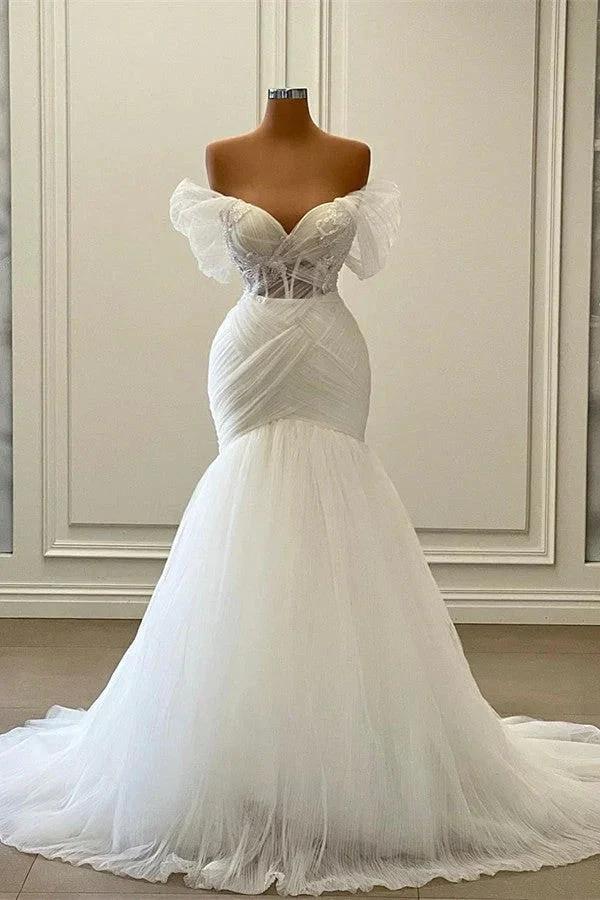 Elegant White Long Mermaid Off the Shoulder Tulle Lace Wedding Dresses (ZD16709)