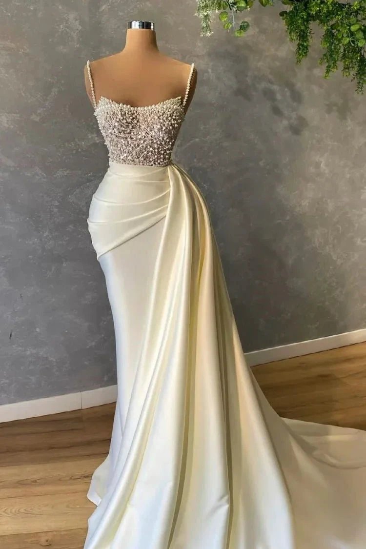 Elegant White Sequined Sleeveless Mermaid Wedding Dresses With Pearl (ZD16398) - VelvetHem