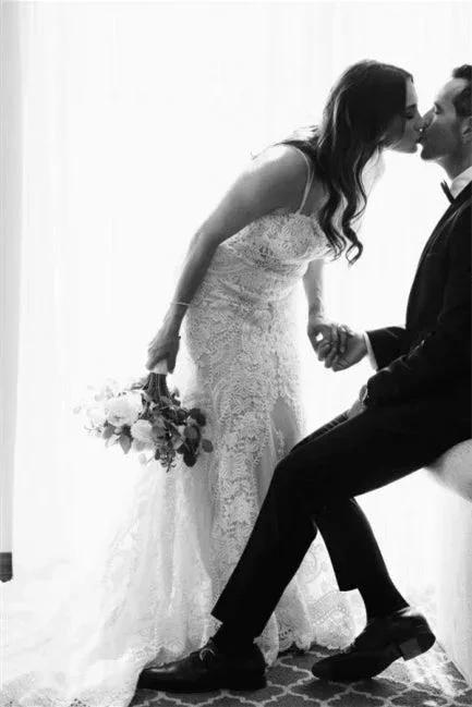 Elegant White V-neck Backless Mermaid Wedding Dresses With Lace (ZD14636) - View 4 | VelvetHem