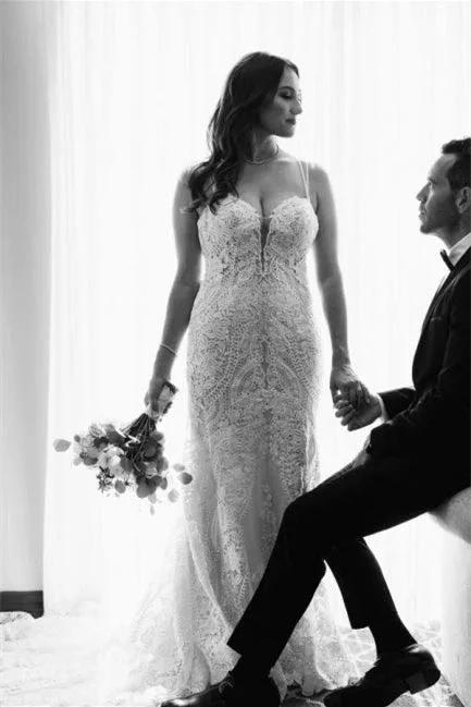 Elegant White V-neck Backless Mermaid Wedding Dresses With Lace (ZD14636) - View 6 | VelvetHem