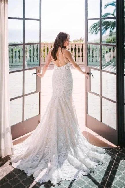 Elegant White V-neck Backless Mermaid Wedding Dresses With Lace (ZD14636)