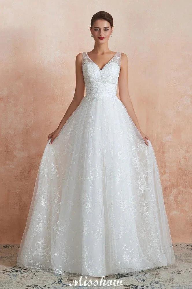 Elegant White V-Neck Princess Wedding Dress Aline Tulle Lace Bridal Gown (ZD13975)