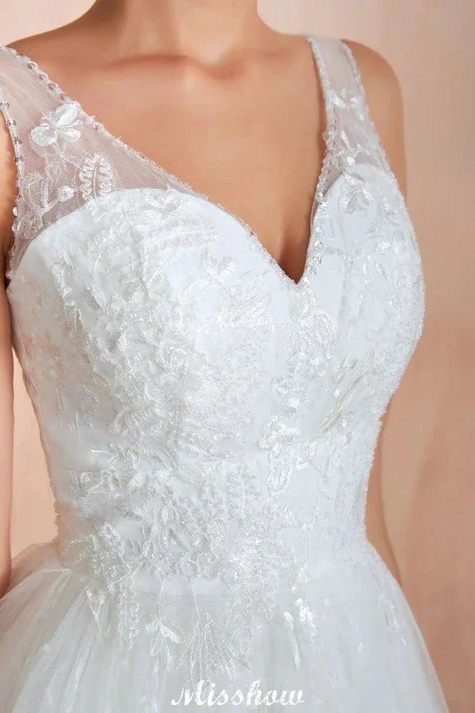 Elegant White V-Neck Princess Wedding Dress Aline Tulle Lace Bridal Gown (ZD13975)