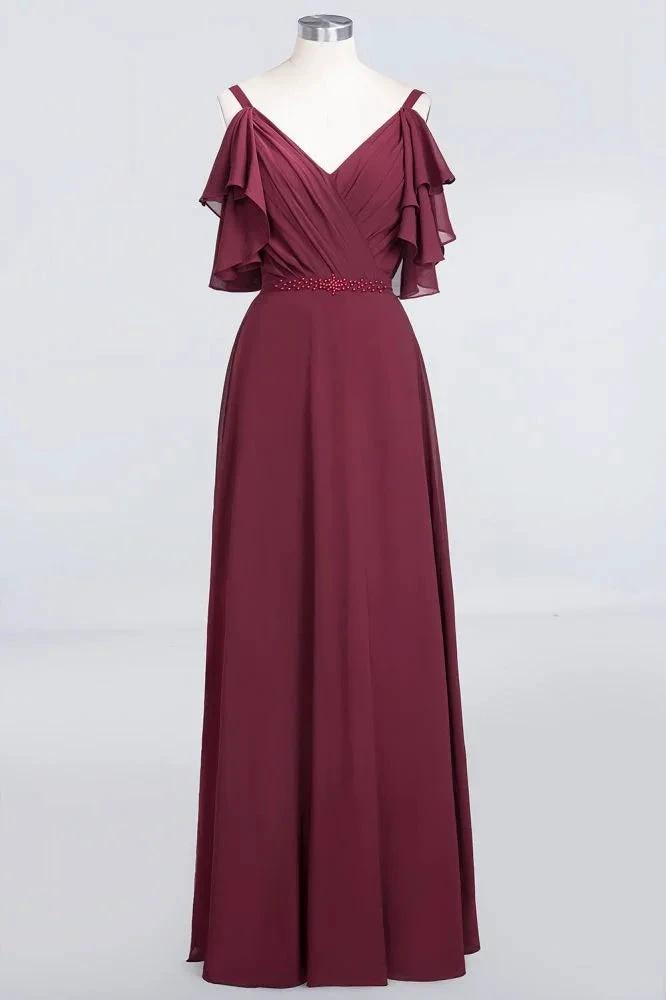 Elgant Ruffles Chiffon Floor-Length Bridesmaid Dress Aline Pearls Sleeveless Wedding Party Dress (ZD13106)