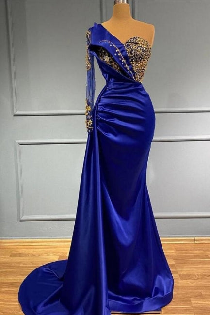 Elgeant Royal Blue One-Shoulder Mermaid Prom Dresses with Sleeves