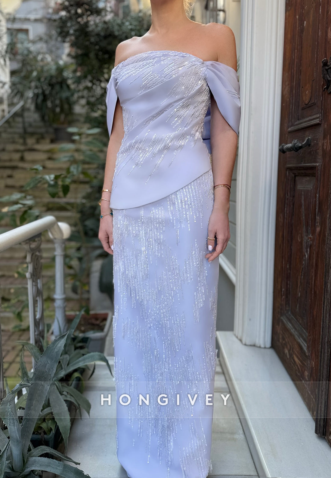 Elegant Satin Column Floor-Length Off the Shoulder Evening Gown