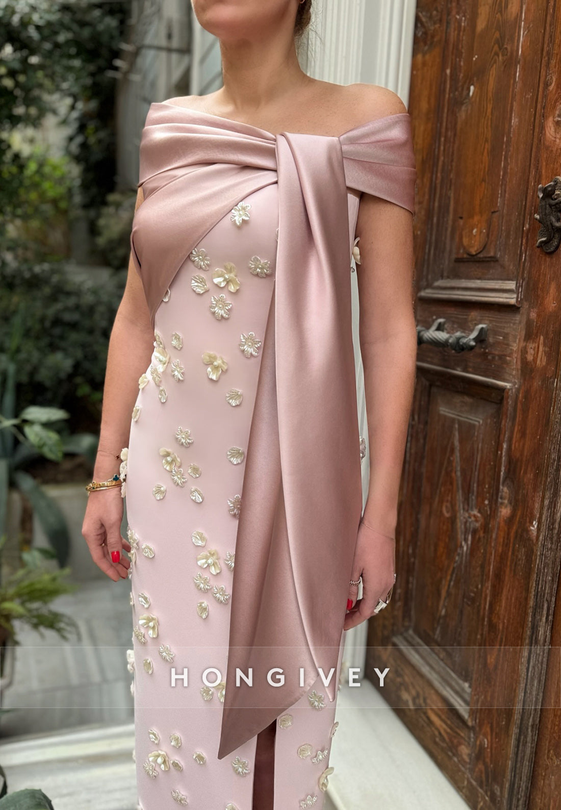 Flowers Appliqued Column Handmade Flowers High Slit Floor-Length Off the Shoulder Satin Evening Gown