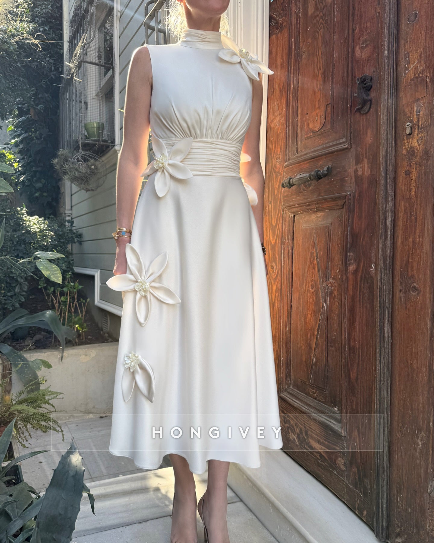 A-line High Neck Tea-Length Mother of the Bride Dress Satin Sleeveless Flowers Pleated Cocktail Dresses ,,,