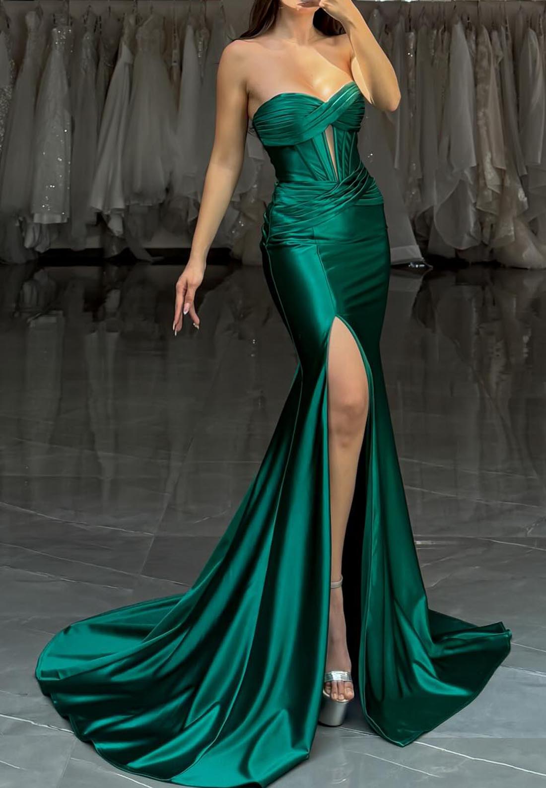 Sweetheart Draped Long Mermaid Holiday Dresses with High Slit