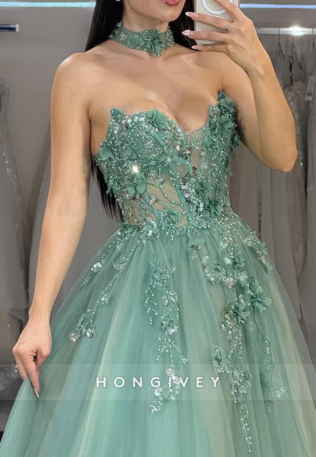 A-Line Sweetheart Lace Applique Rhinestone Long Prom Dresses