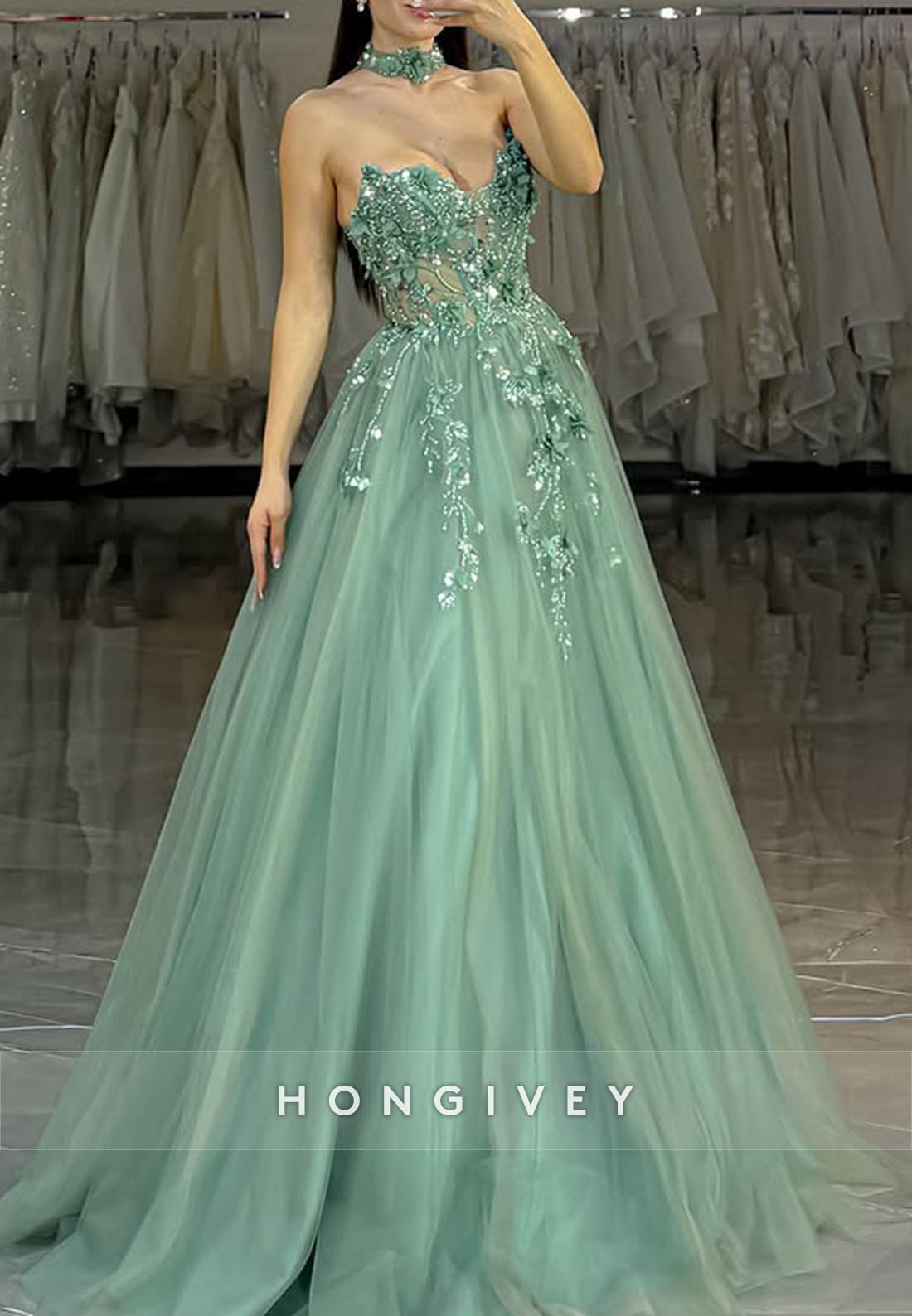 A-Line Sweetheart Lace Applique Rhinestone Long Prom Dresses
