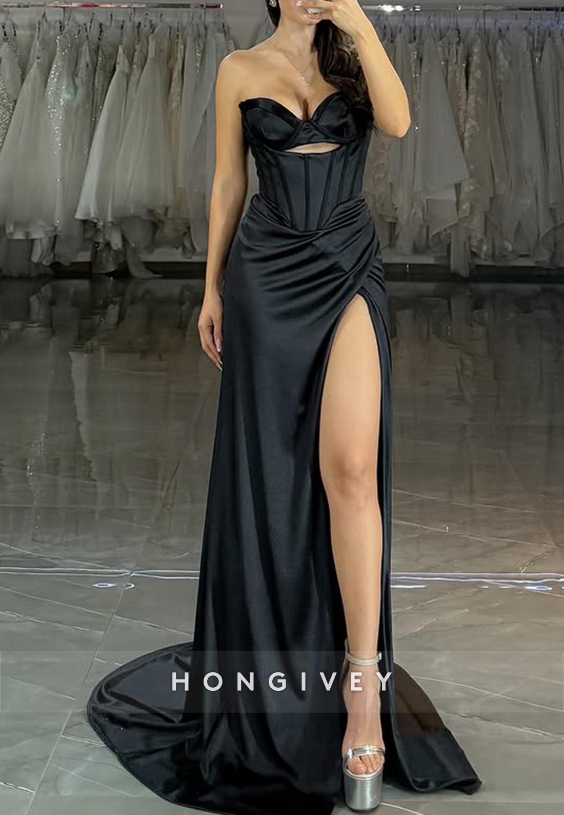Black Sweetheart Ruched High Slit Sexy Prom Dresses with Brush Train