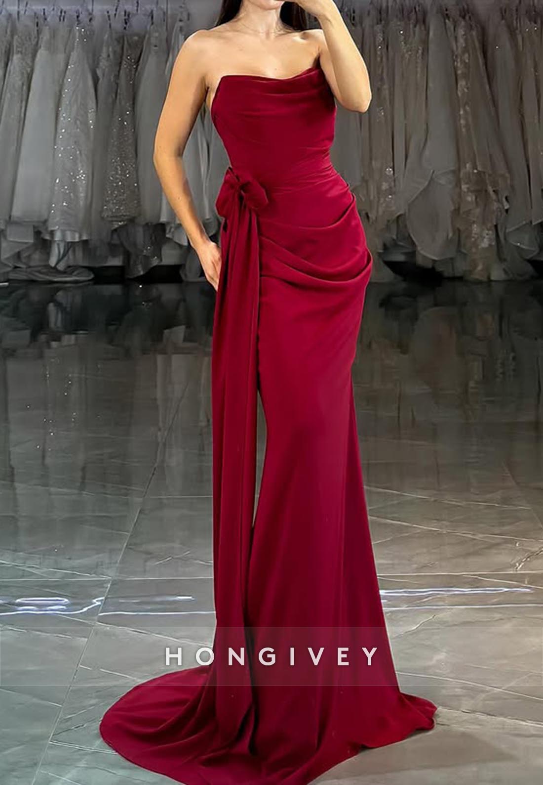 Strapless Bowknot Pleats Hot Long Mermaid Prom Dresses with Sweep Train