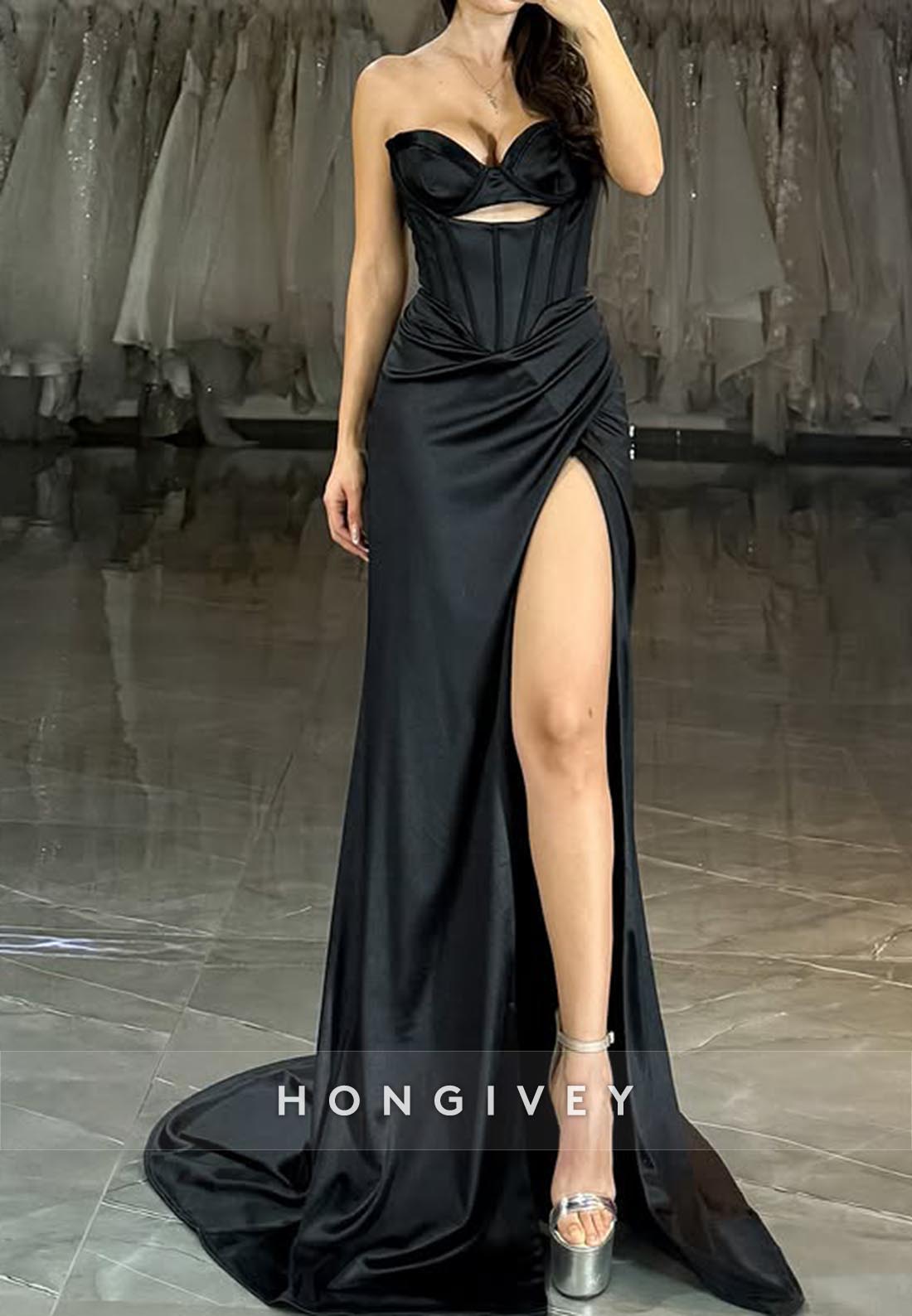 Black Sweetheart Ruched High Slit Sexy Prom Dresses with Brush Train