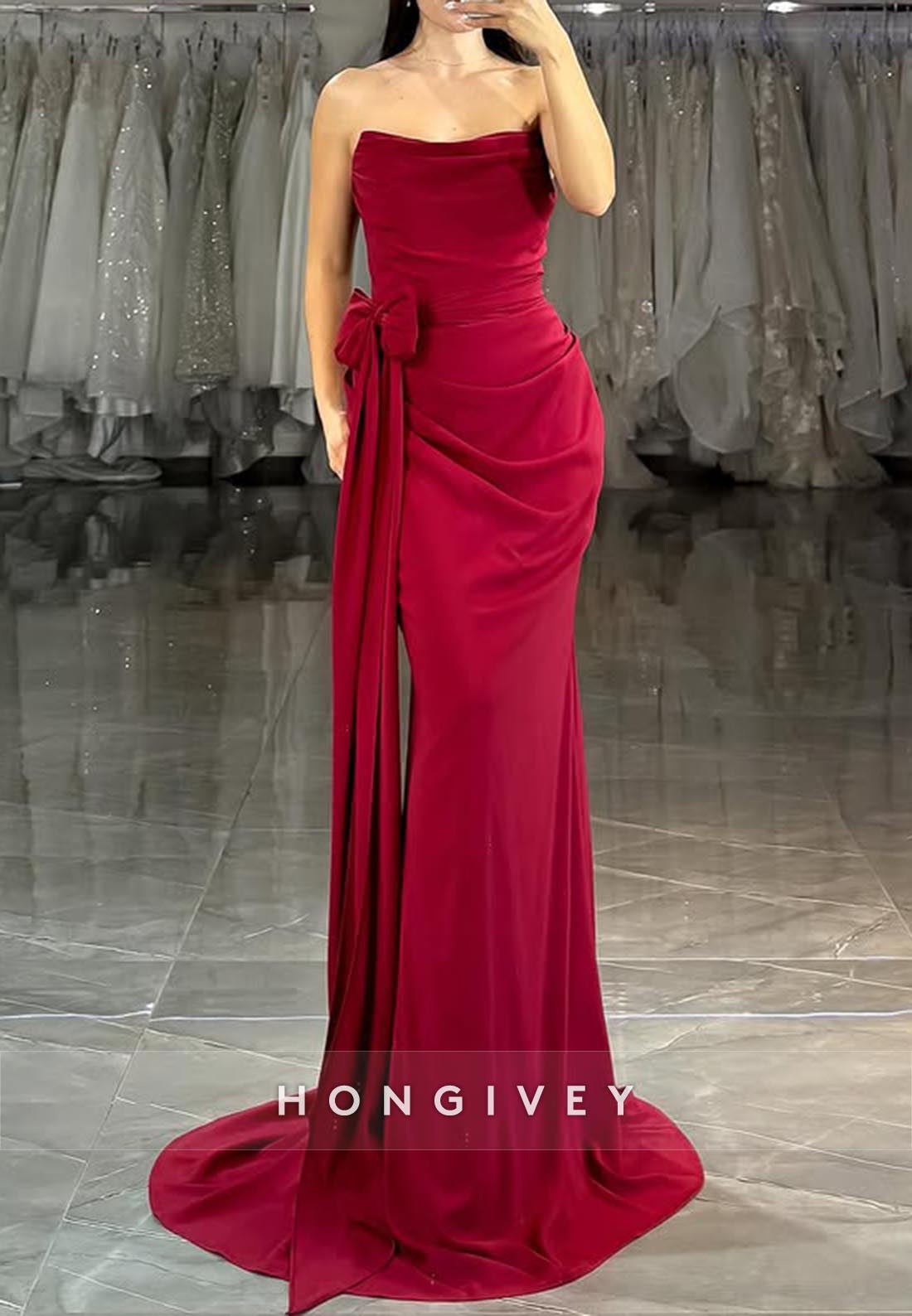 Strapless Bowknot Pleats Hot Long Mermaid Prom Dresses with Sweep Train