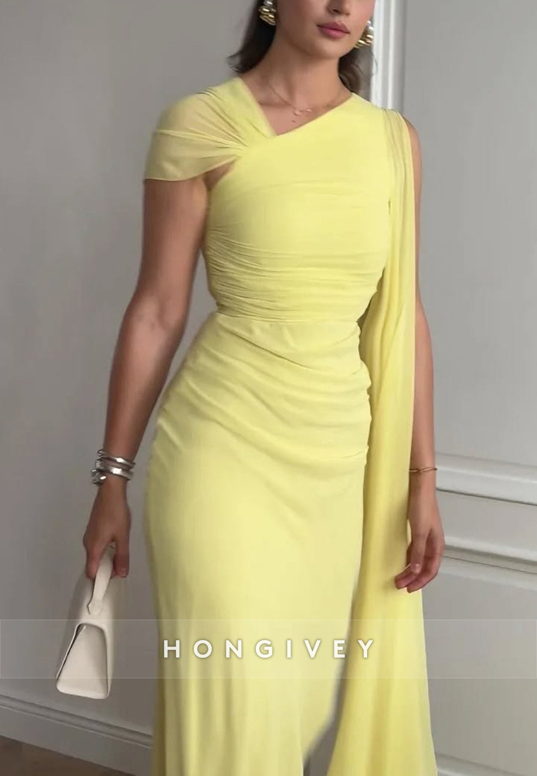 Yellow Asymmetrical Neck Column Pleated Evening Formal Dresses