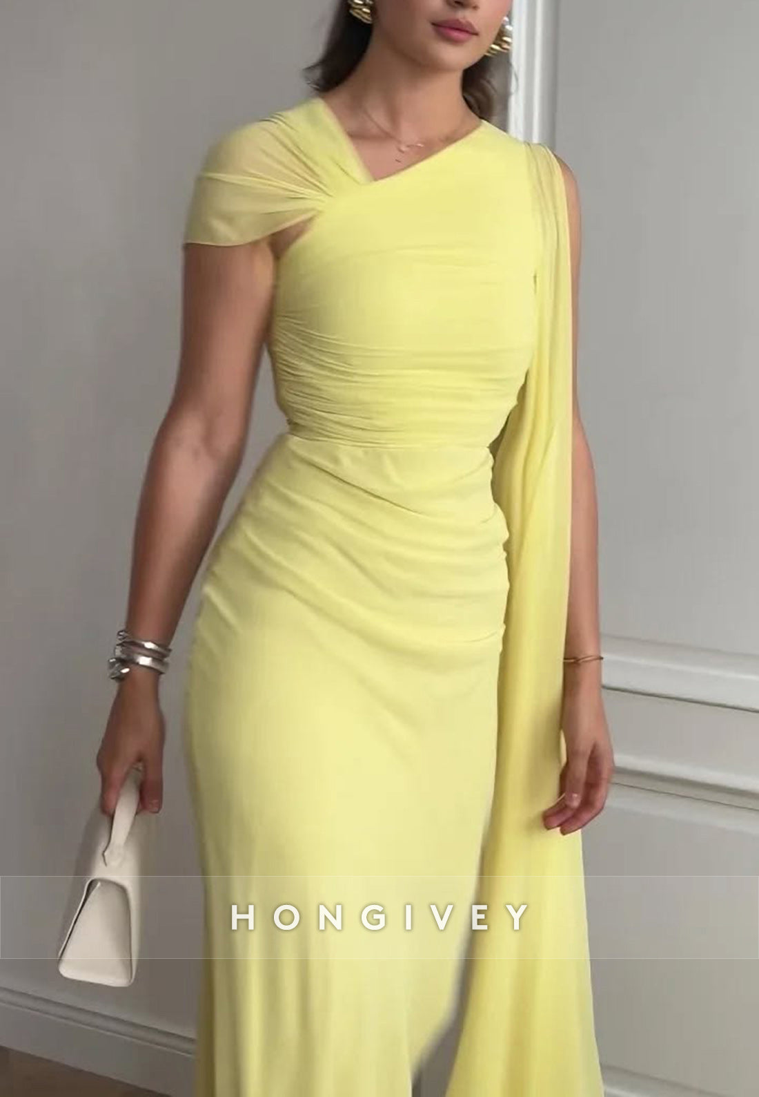 Yellow Asymmetrical Neck Column Pleated Evening Formal Dresses