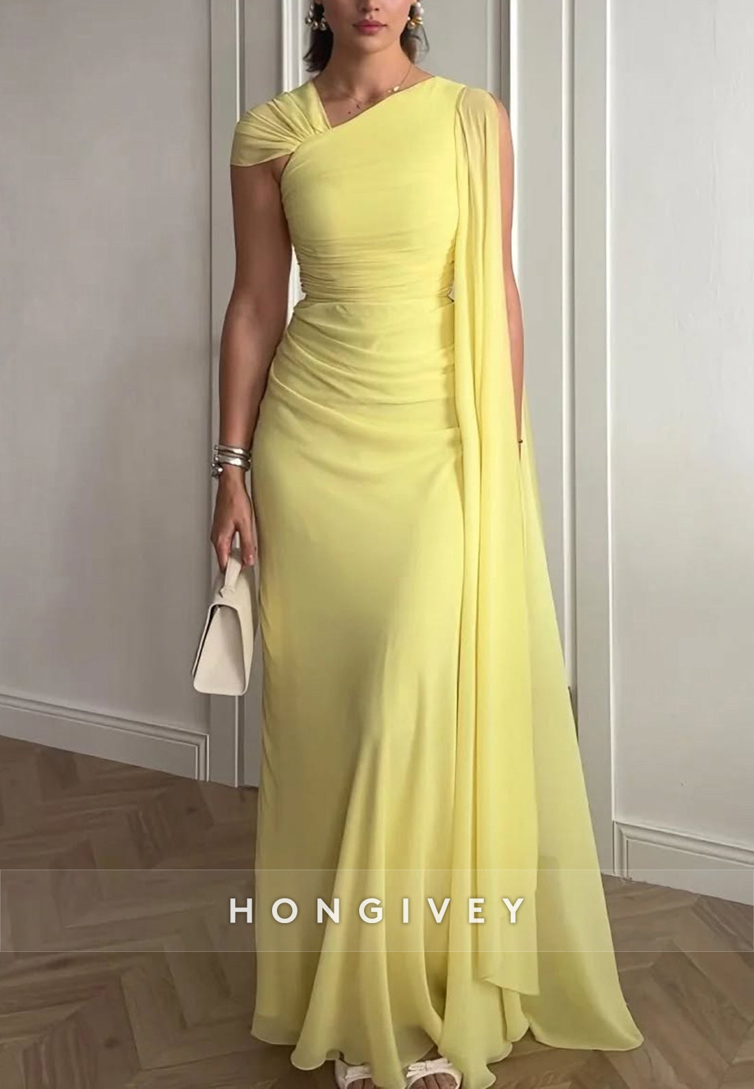 Yellow Asymmetrical Neck Column Pleated Evening Formal Dresses
