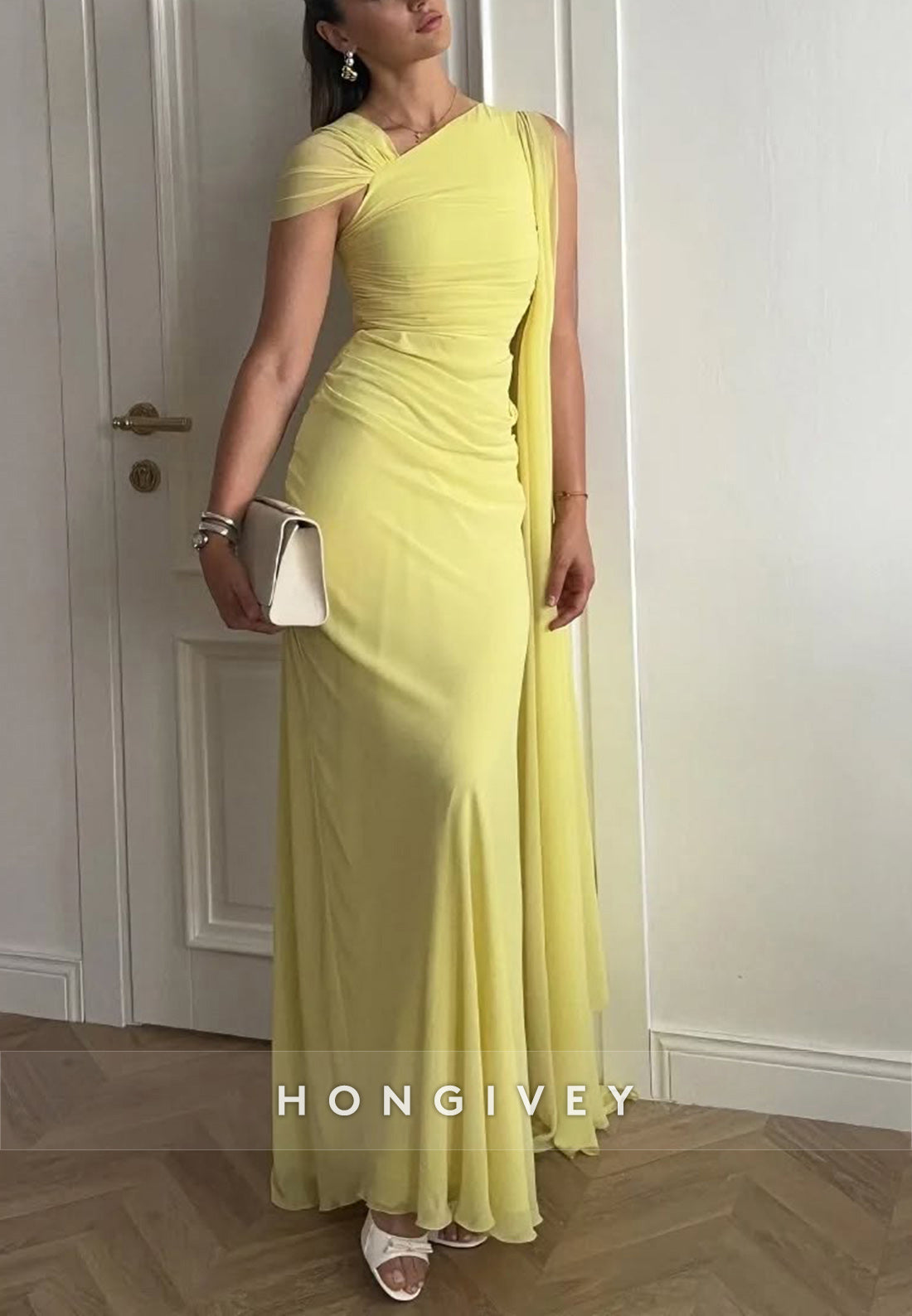 Yellow Asymmetrical Neck Column Pleated Evening Formal Dresses