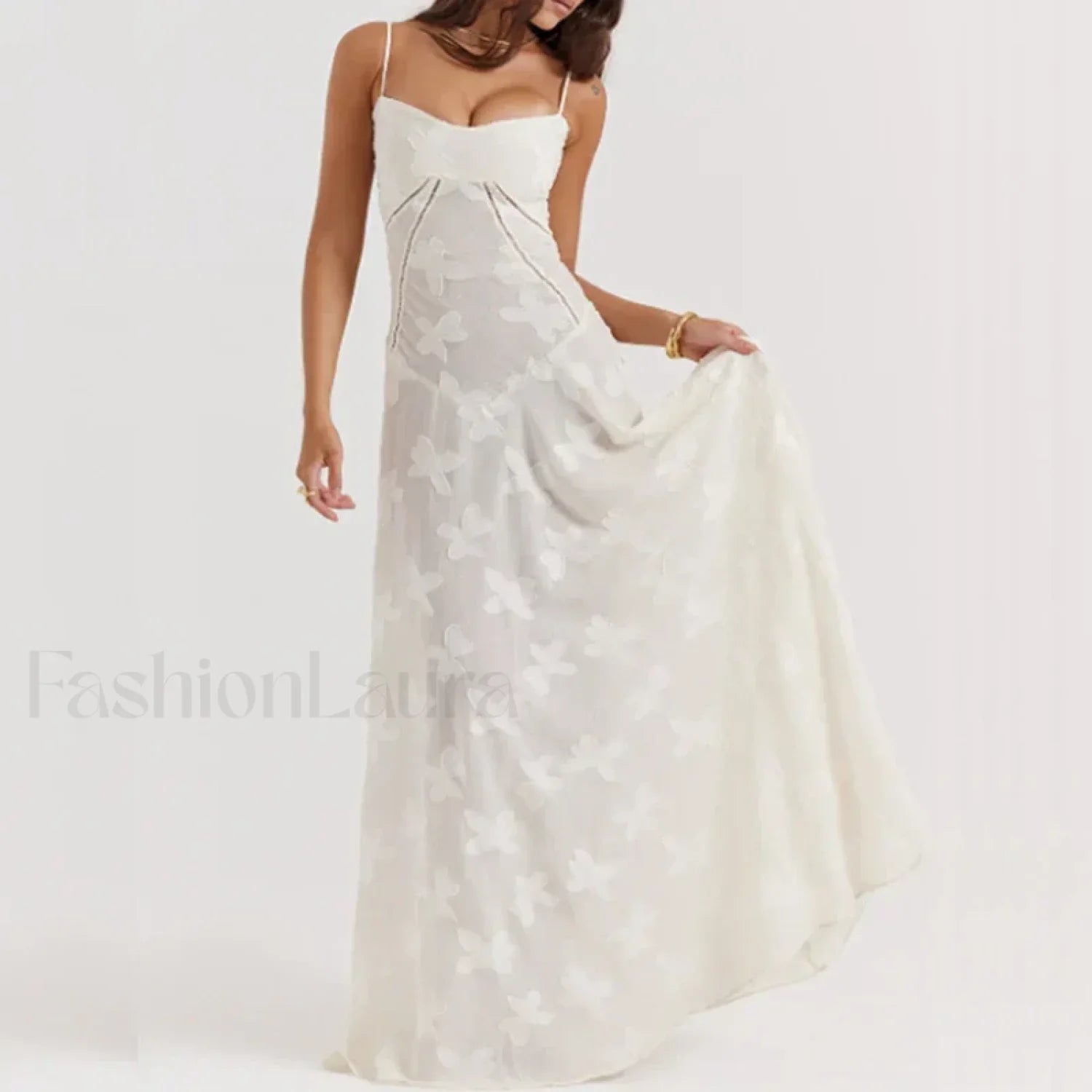 Embroidered Lace Off Shoulder Maxi Dress 02 White / XS