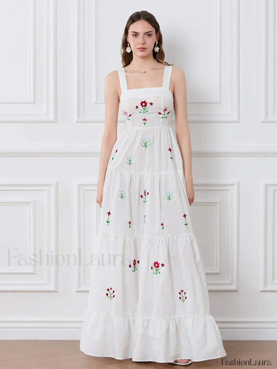 Embroidered Square Neck Boho Dress