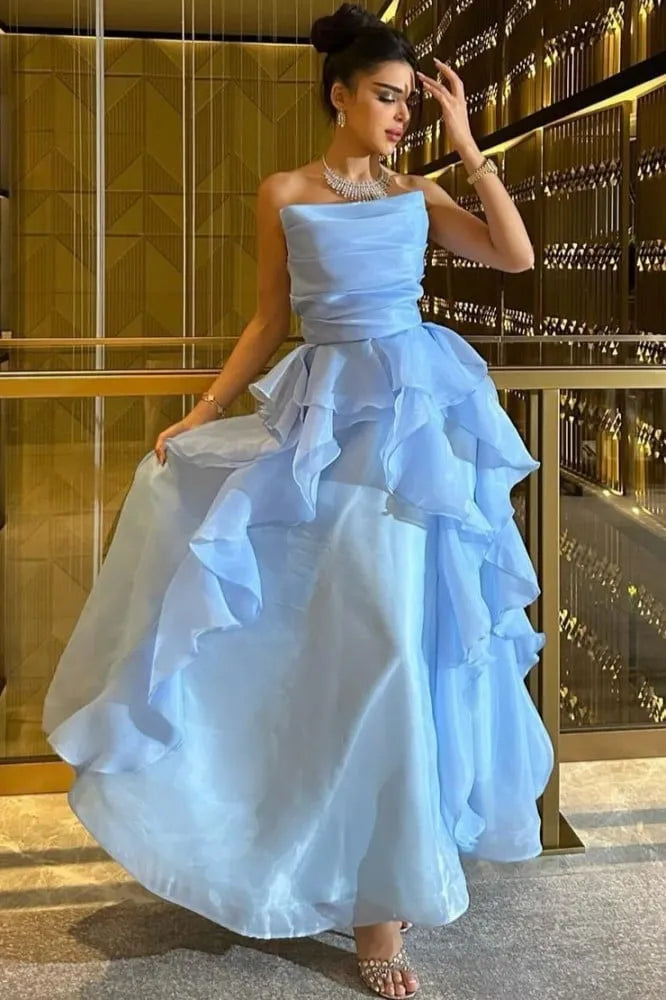 Elegant Sky Blue Arabia Prom Dress A-Line Strapless Ruffles Ankle Length Evening Dress vestido para eventos especiale