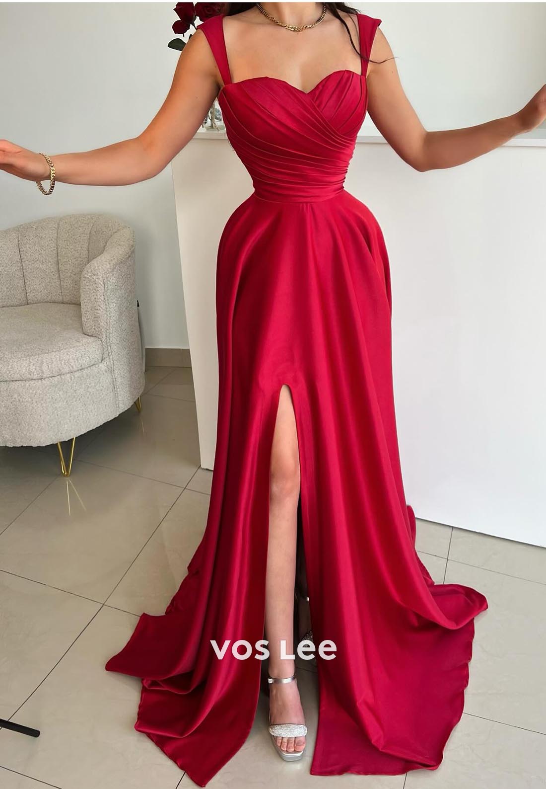 High Slit Empire Court Train Sweetheart Satin Cap Straps Pleated Formal Dresses