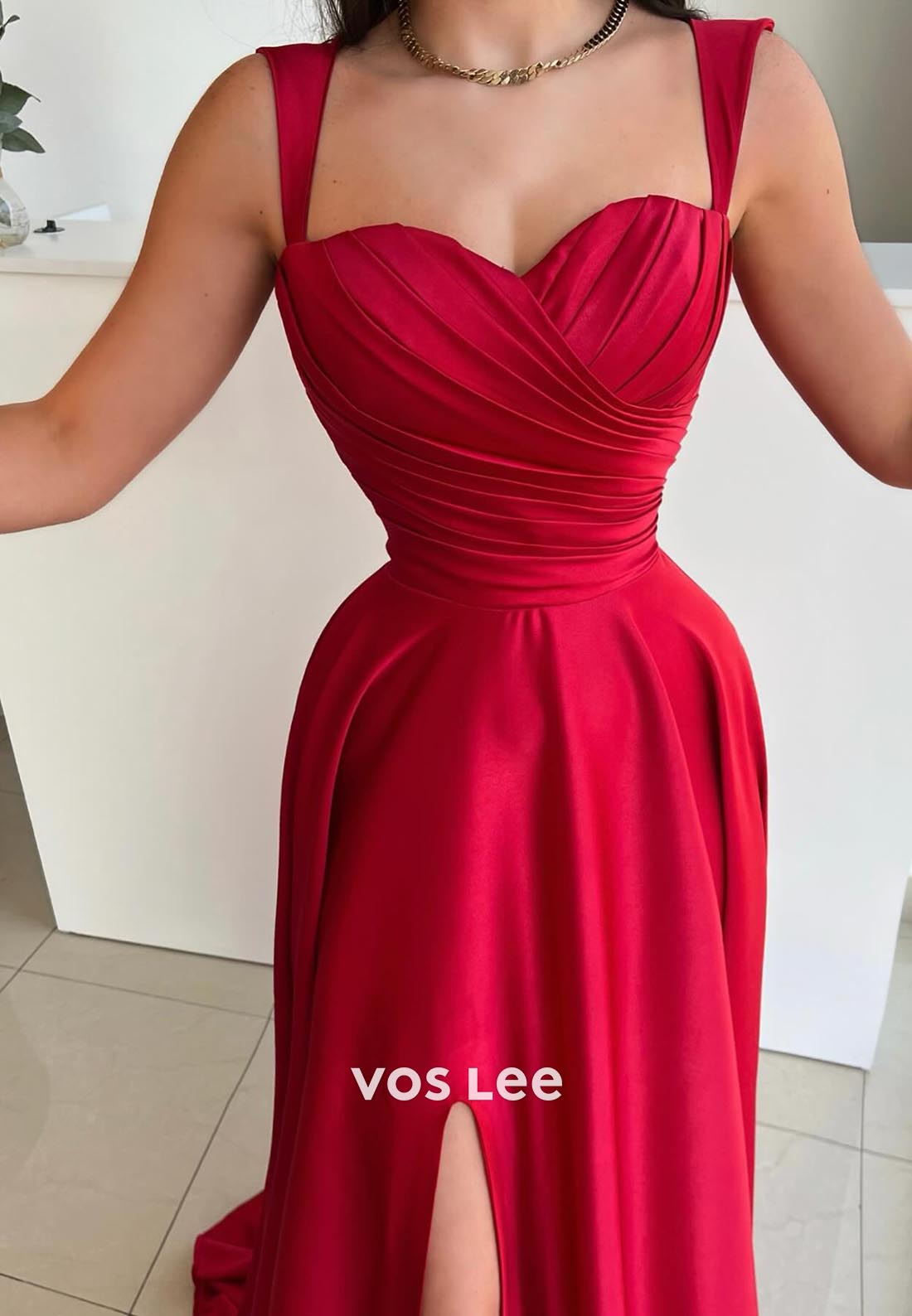 High Slit Empire Court Train Sweetheart Satin Cap Straps Pleated Formal Dresses