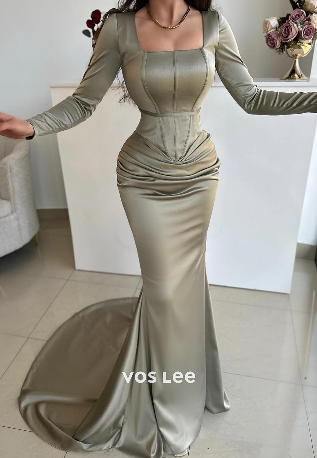 Celadon Pleated Mermaid Court Train Square Satin Long Sleeve Evening Gown