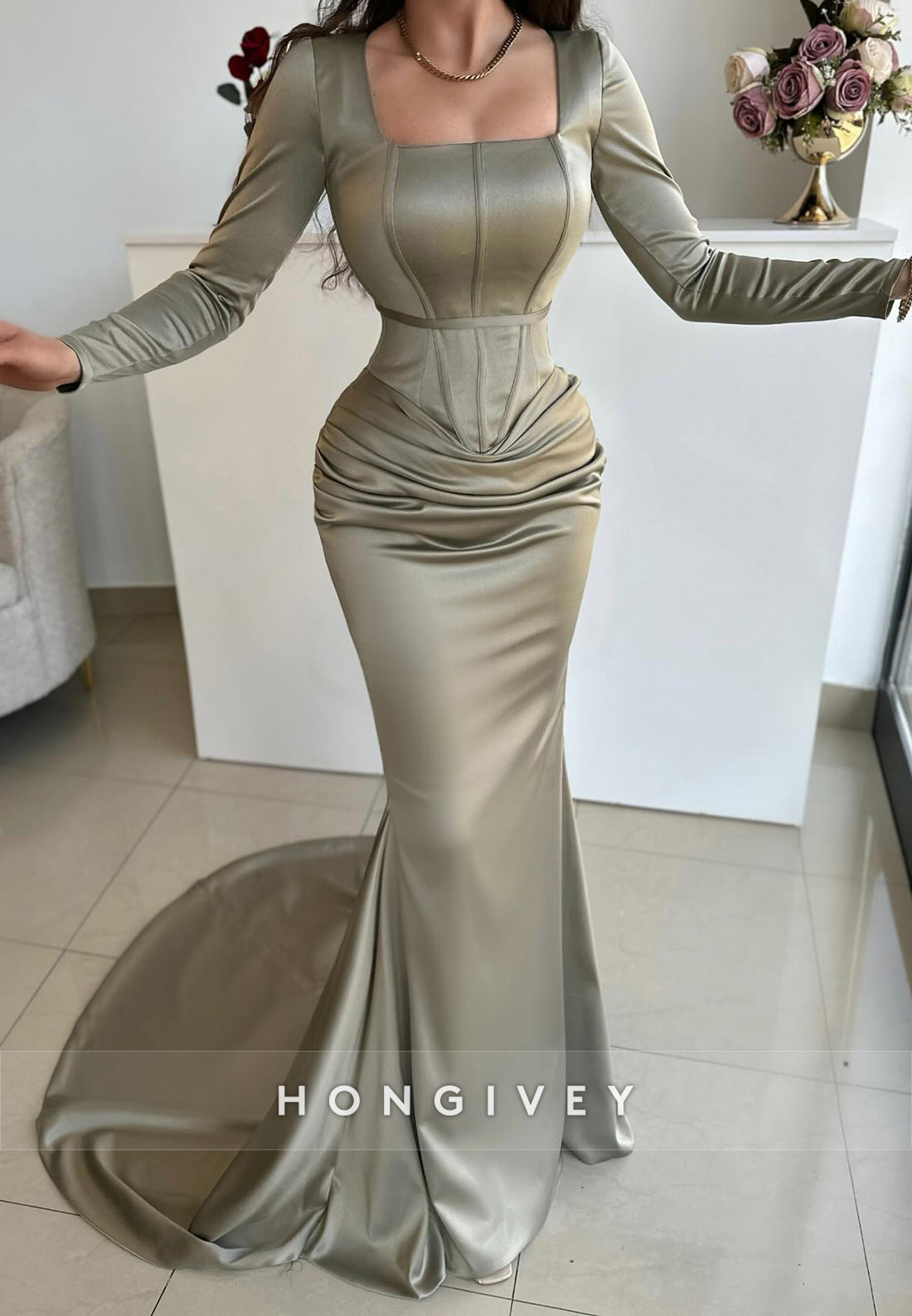 Celadon Pleated Mermaid Court Train Square Satin Long Sleeve Evening Gown