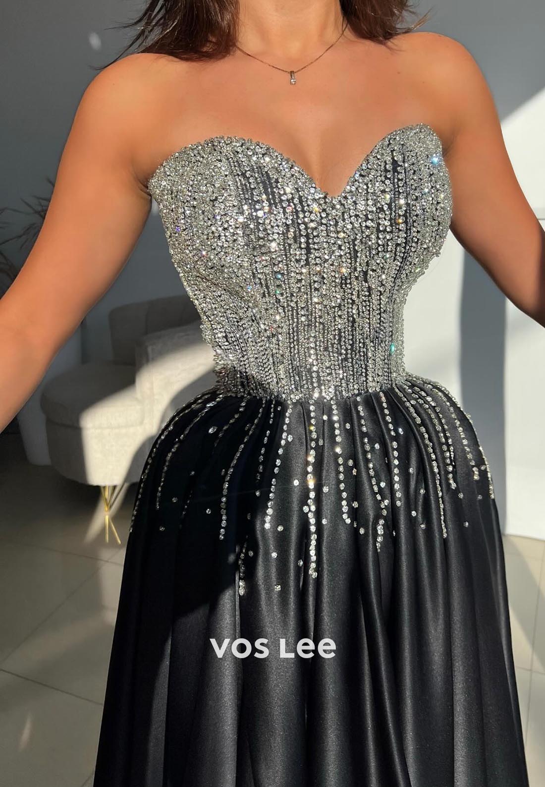 A-line Black Sleeveless Satin Sweetheart Appliqued Crystal Strapless Evening Gowns