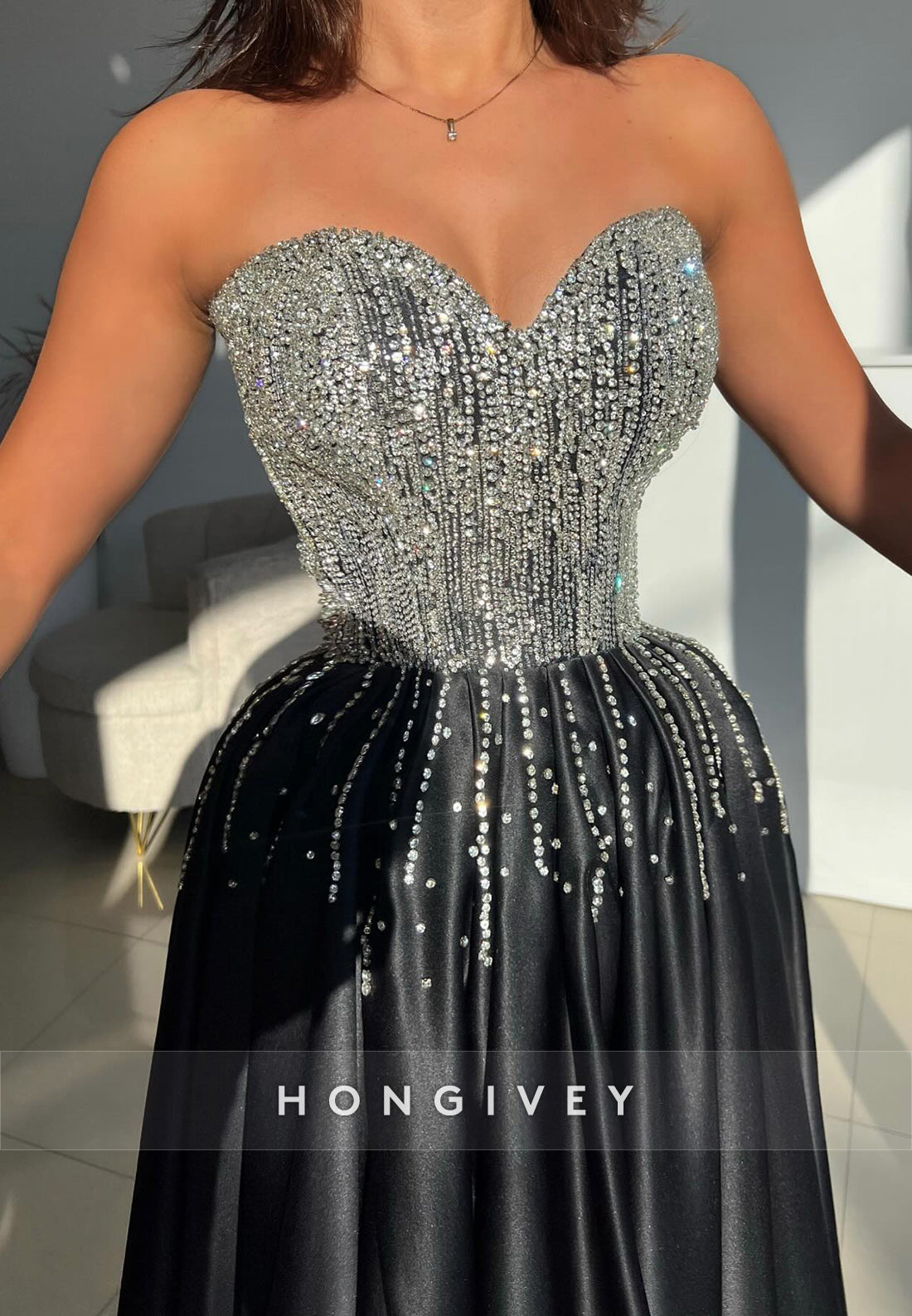 A-line Black Sleeveless Satin Sweetheart Appliqued Crystal Strapless Evening Gowns