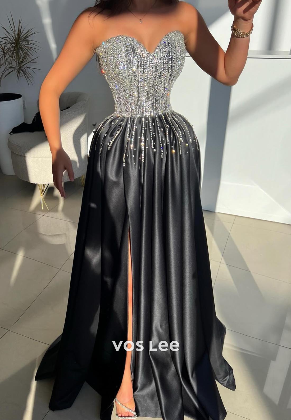 A-line Black Sleeveless Satin Sweetheart Appliqued Crystal Strapless Evening Gowns