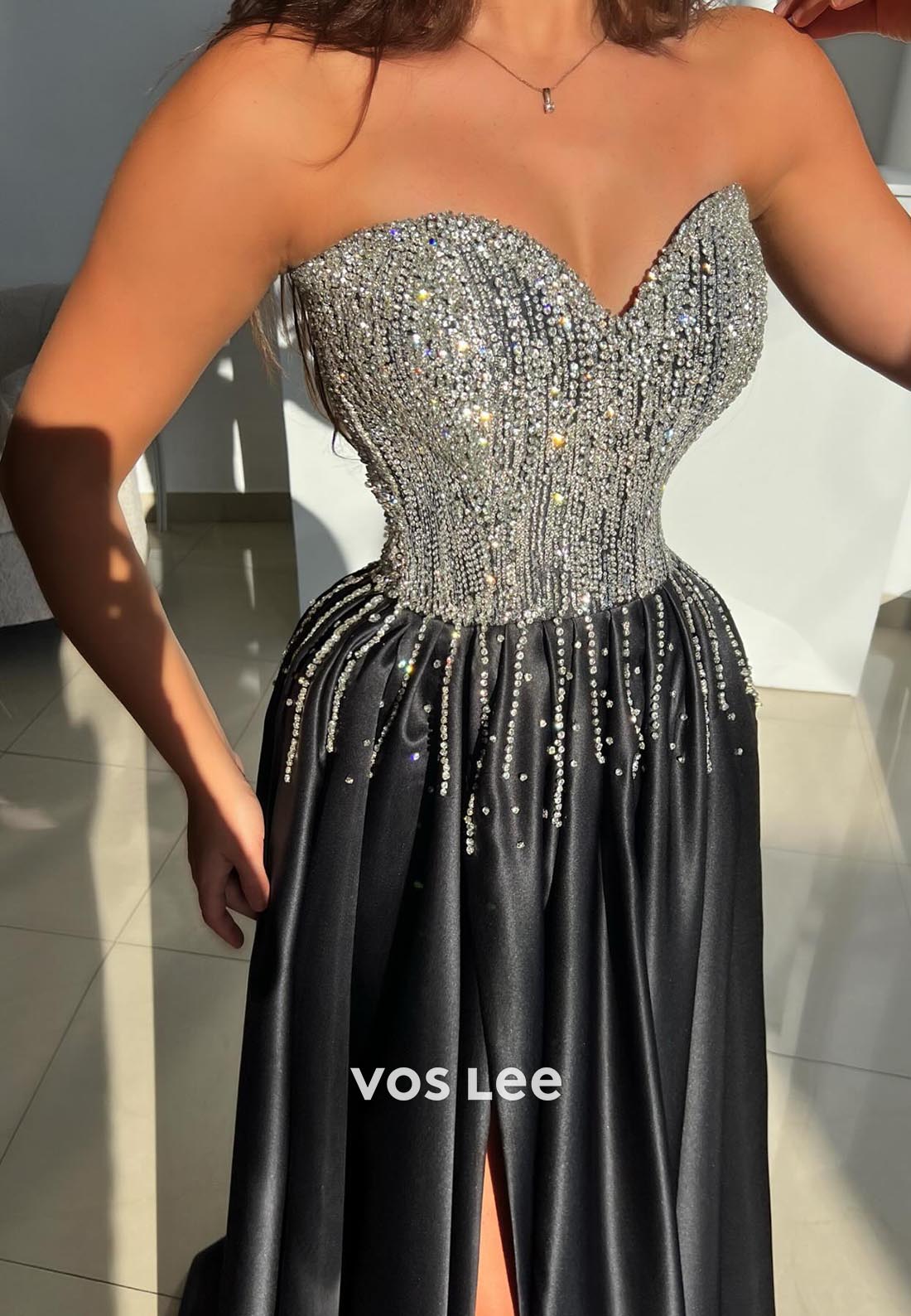 A-line Black Sleeveless Satin Sweetheart Appliqued Crystal Strapless Evening Gowns