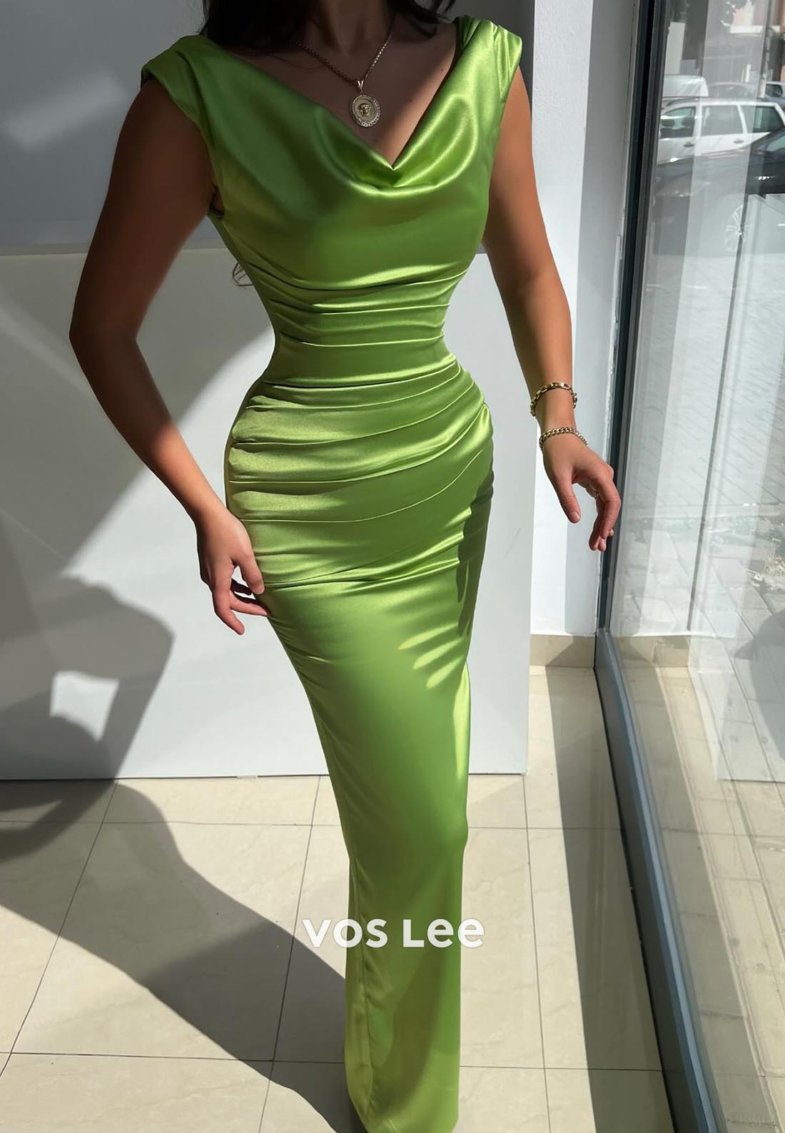 Cowl Neck Floor-Length Cap Sleeves Column Formal Dresses