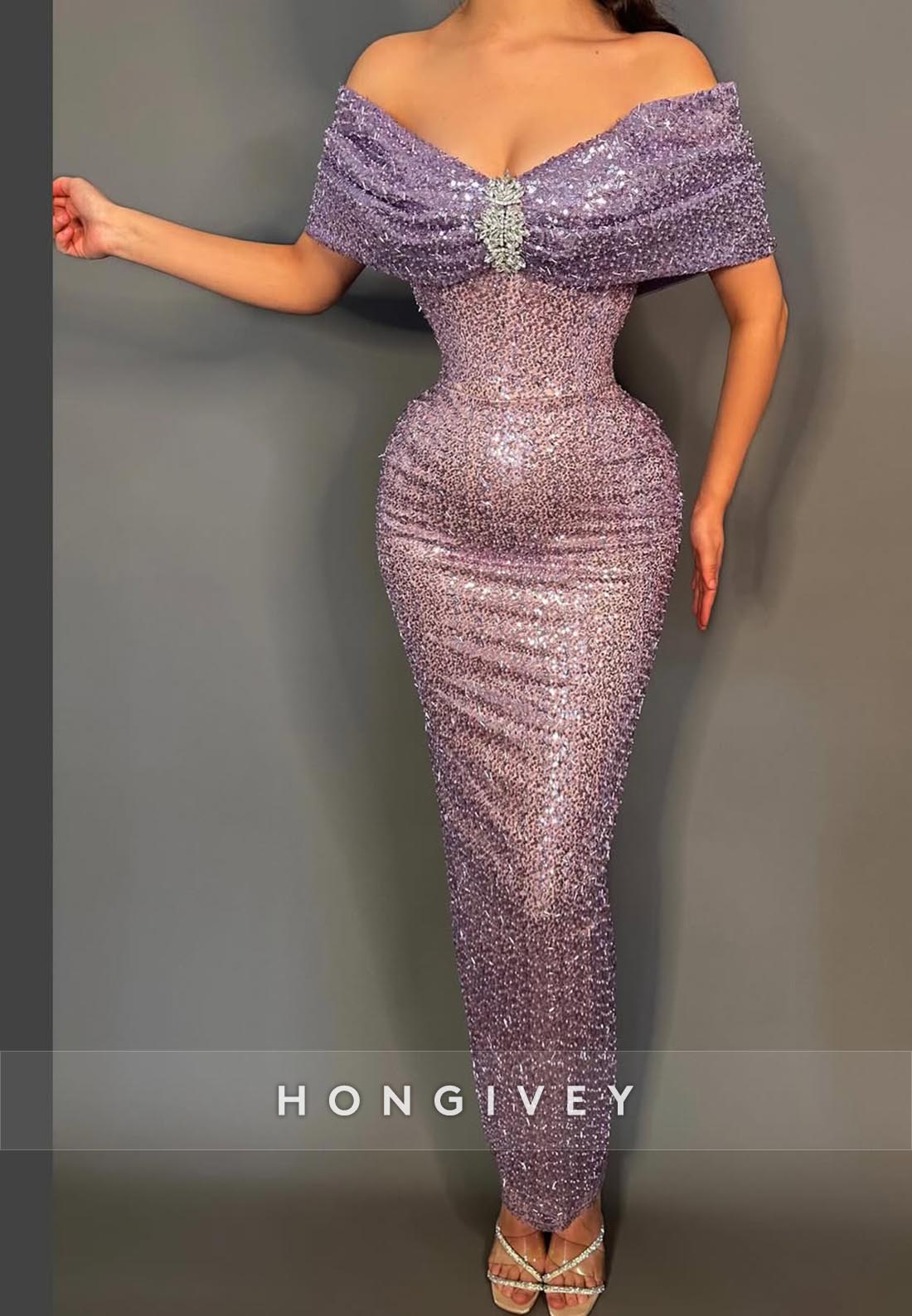 Fully Sequined Mermaid Party Long Wedding Guest Dresses with Rhinestone