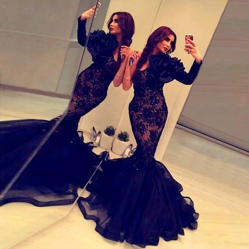 Evening Gowns Black One-Shoulder Beaded Ruffles Train Arabic Pageant Dresses
