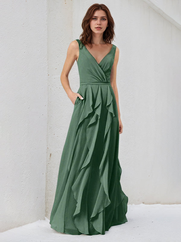 Eucalyptus A Line Chiffon A Line V Neck Sleeveless Floor Length Bridesmaid Dress