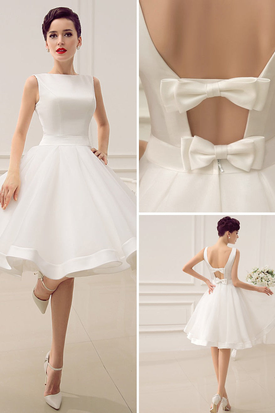 Exclusive Short Wedding Dress Retro Bridal Dress Bateau Sleeveless Reception Bridal Gown