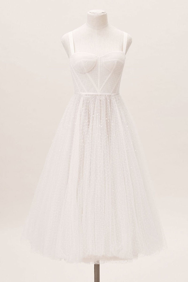 Exclusive White Wedding Dresses T-Length A-Line Sweetheart Pearls Spaghetti Straps Tea-Length Bridal Dress