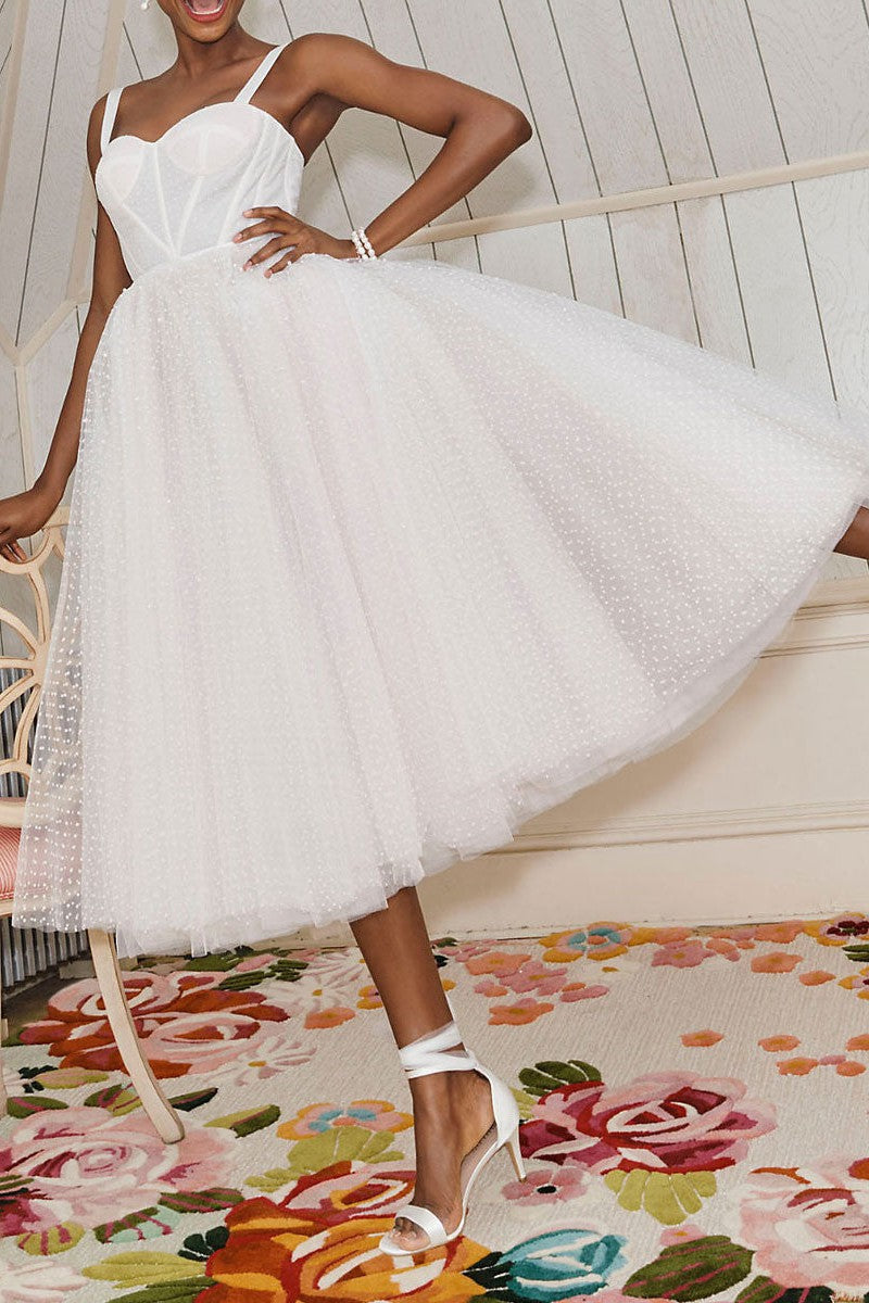 Exclusive White Wedding Dresses T-Length A-Line Sweetheart Pearls Spaghetti Straps Tea-Length Bridal Dress