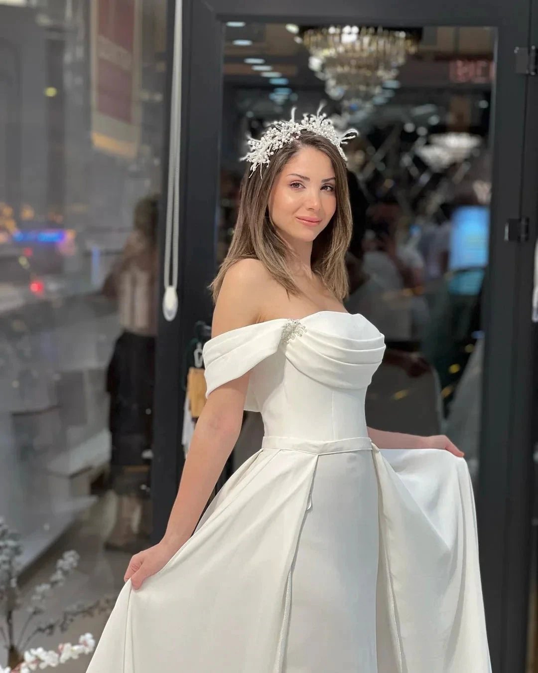 Exquisite Floor Length Off-The-Shoulder A-Line Satin Wedding Dress with Beads (ZD14795)
