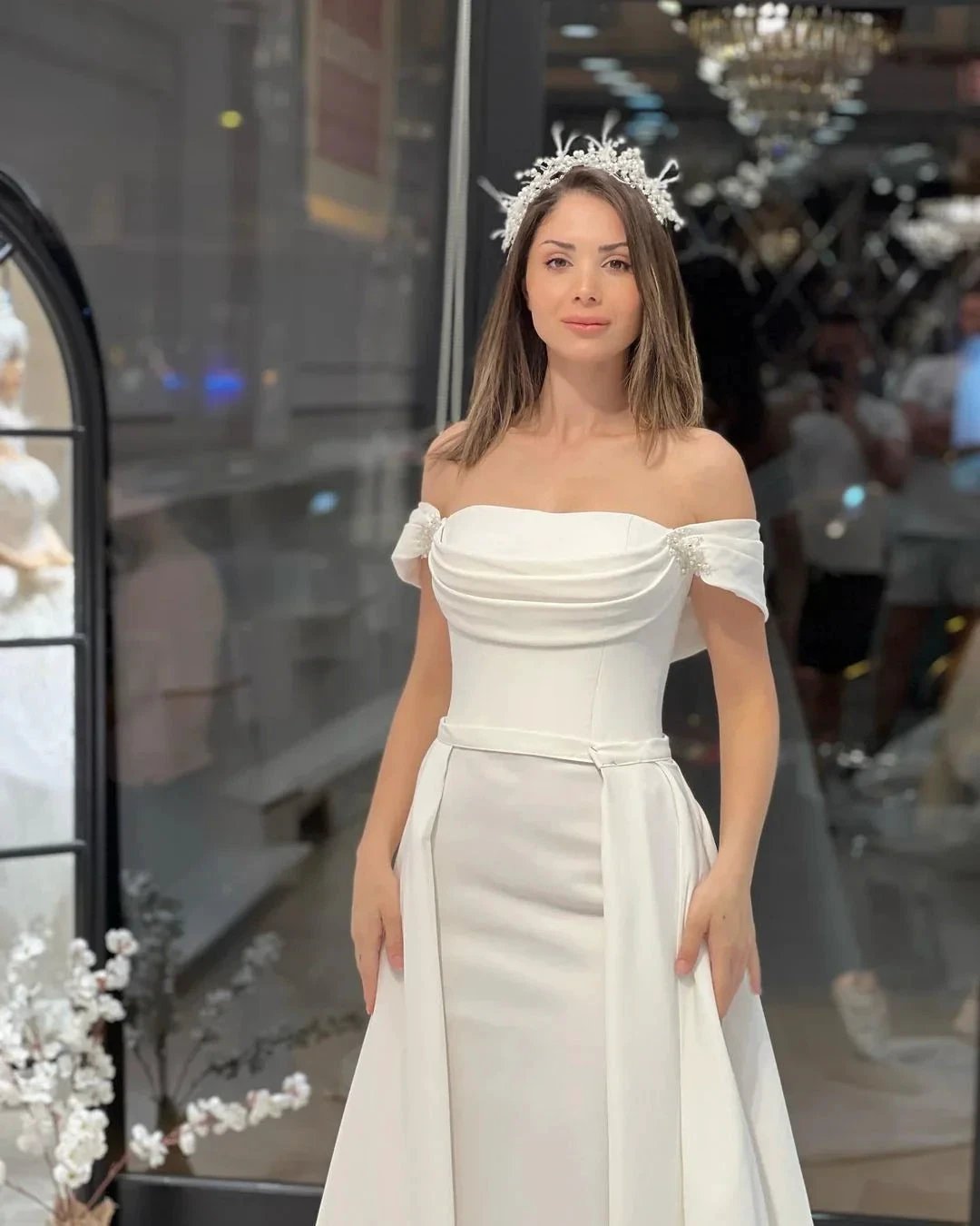 Exquisite Floor Length Off-The-Shoulder A-Line Satin Wedding Dress with Beads (ZD14795)