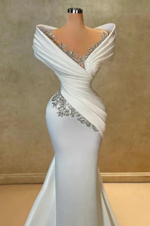 Exquisite Long White Mermaid Off-the-shoulder Lace Satin Wedding Dress with Rhinestones (ZD16680)
